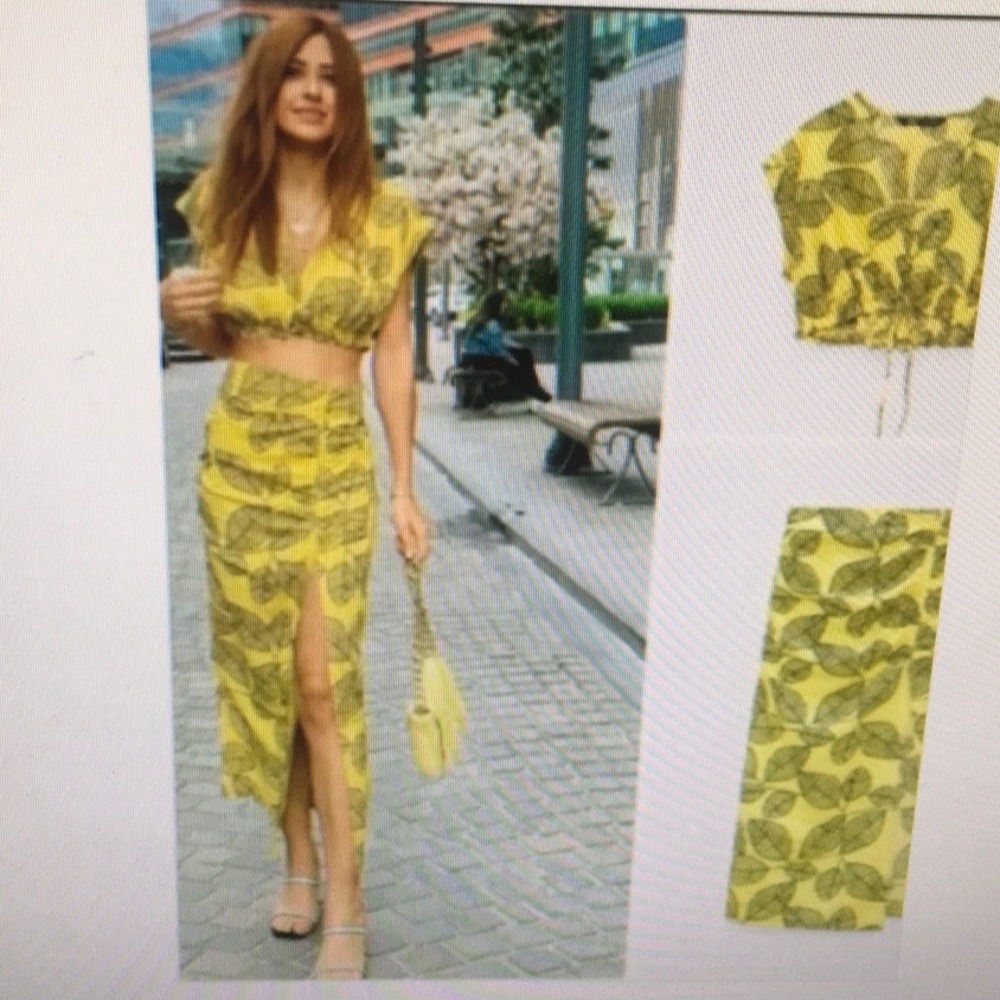 ZARA/LINEN-LEAF PRINT RUCHED SLIT SKIRT & CROP TIE FRONT SET/ NEW